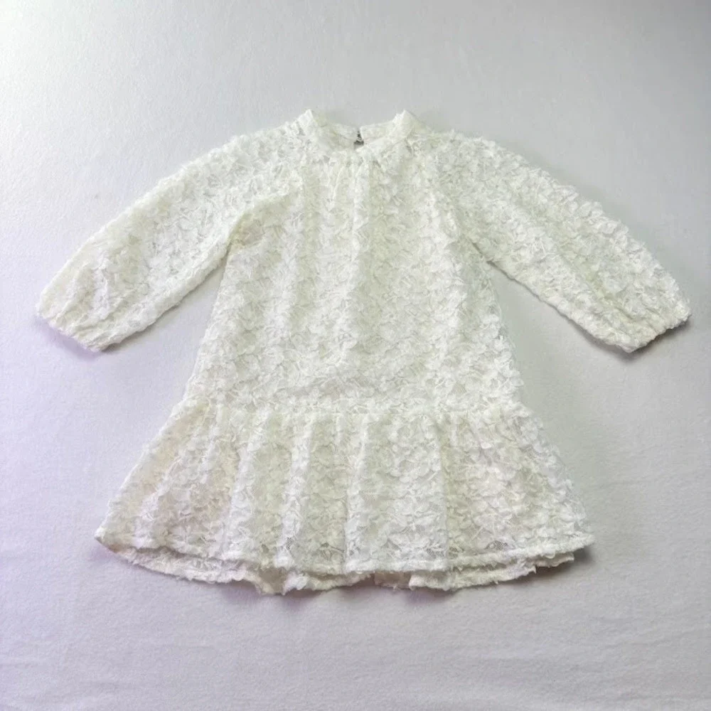 Zara Lace Dress Kids Size 7 White Good Tiered Ruffle Long Sleeve Mock‎ Neck